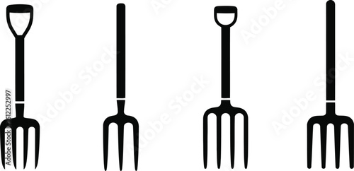 Gardening Fork Silhouette Icon Vector Set – Garden Tool and Soil Aerator