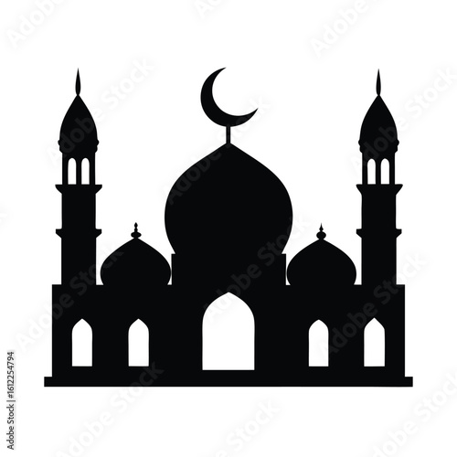 Islamic mosque silhouette with crescent moon