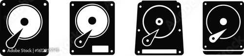 Hard Disk Silhouette Icon Vector Set – Data Storage and Computer Hardware