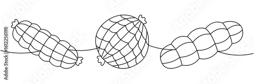 Smoked ham sausages one line continuous drawing. Semi-finished products. Vector illustration.