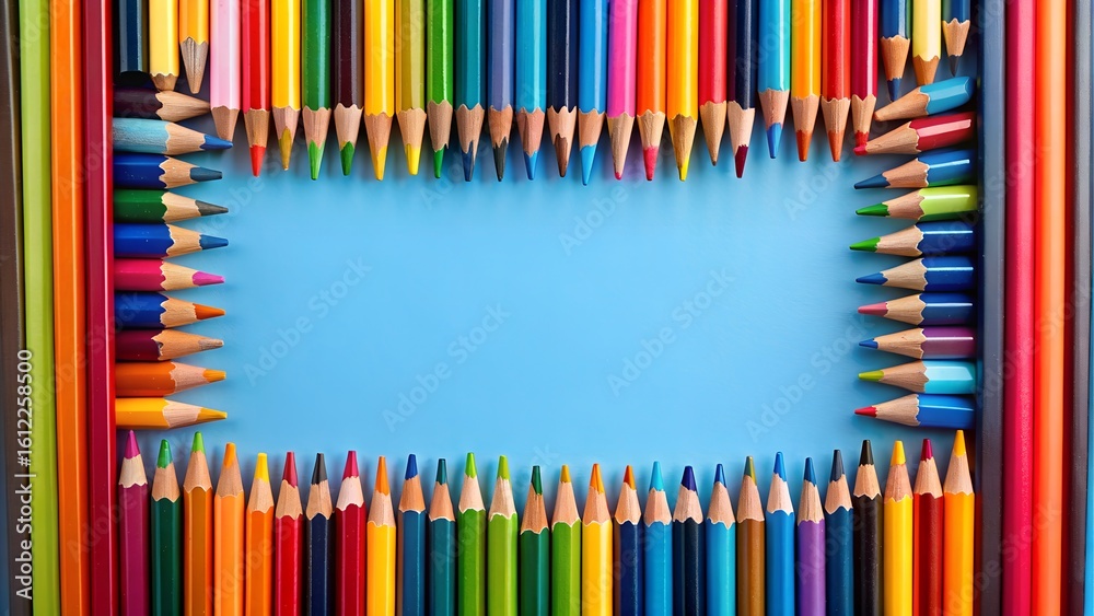 Fototapeta premium Pencils form a colorful frame on blue