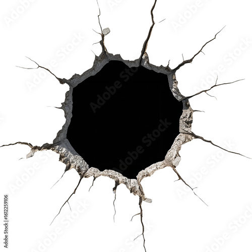 Dramatic cracked concrete portal with jagged edges and branching fissures creating a textured, weathered opening perfect for design overlays