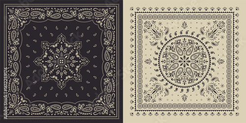 Set of  black and white Paisley prints bandanas.