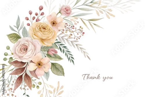 Fototapeta Naklejka Na Ścianę i Meble -  A beautiful watercolor floral arrangement featuring soft pink and yellow roses with green leaves and delicate berries, with thank you text isolated on transparent background