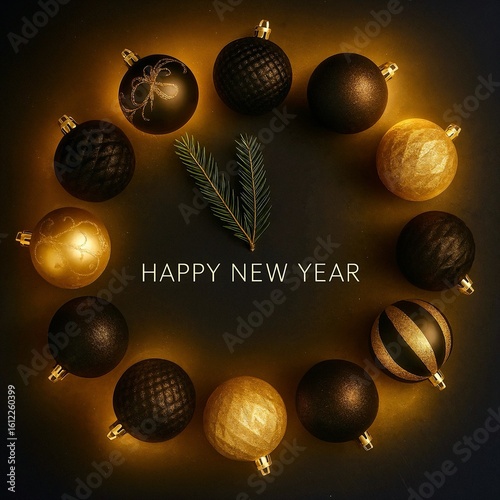Christmas ornaments arranged as a clock, with fir branches as hands showing five minutes to midnight. “Happy New Year” text in the center. Ideal for festive content and greeting cards.