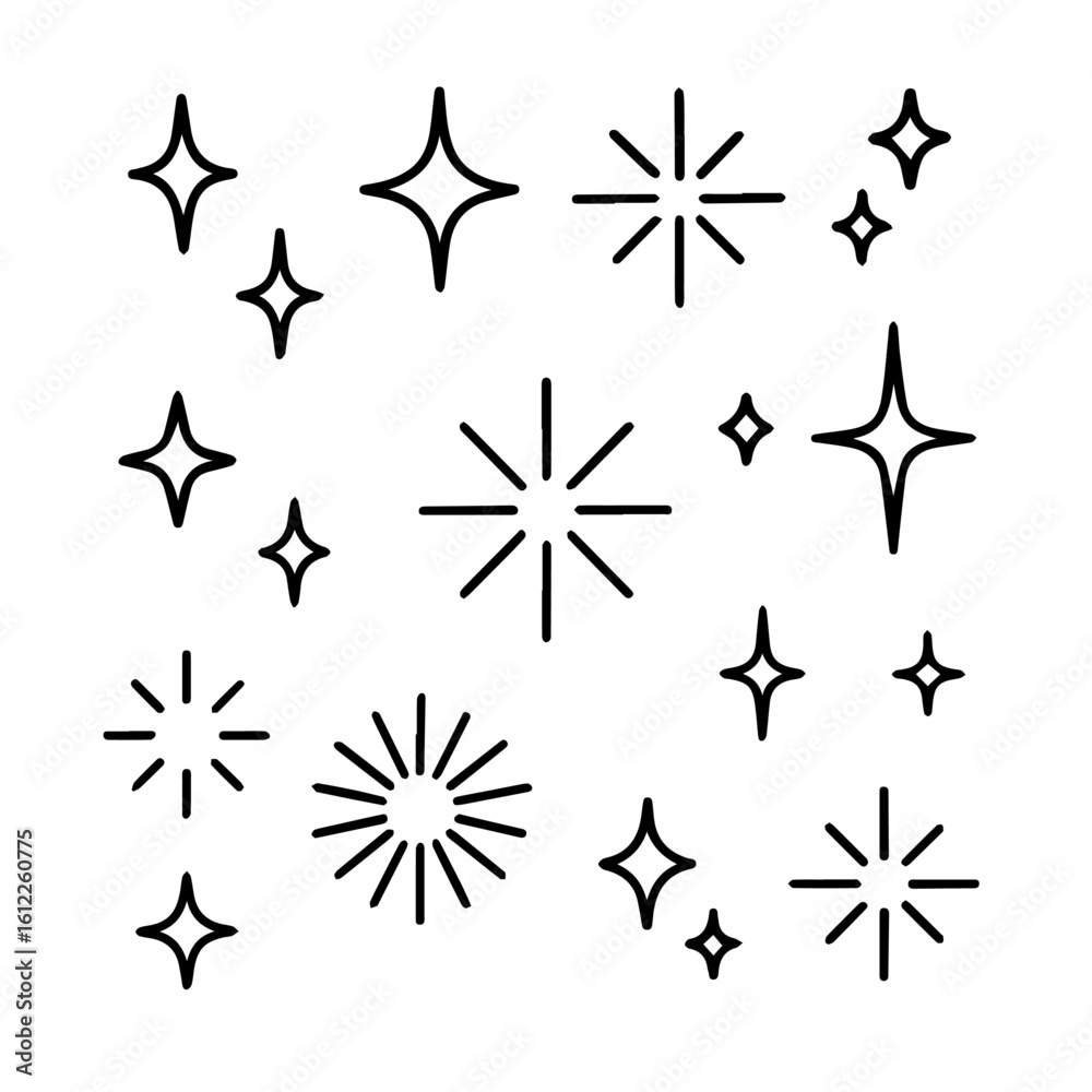 Hand Drawn Sparkles, Starbursts, and Twinkling Glow Effects Vector Set in Black and White, Editable Formats: AI, EPS, JPG, PNG, Ideal for Both Digital and Print Use
Hand Drawn Sparkles, Starbursts, and Twinkling Glow Effects Vector Set in Black and White, Editable Formats: AI, EPS, JPG, PNG, Ideal for Both Digital and Print Use