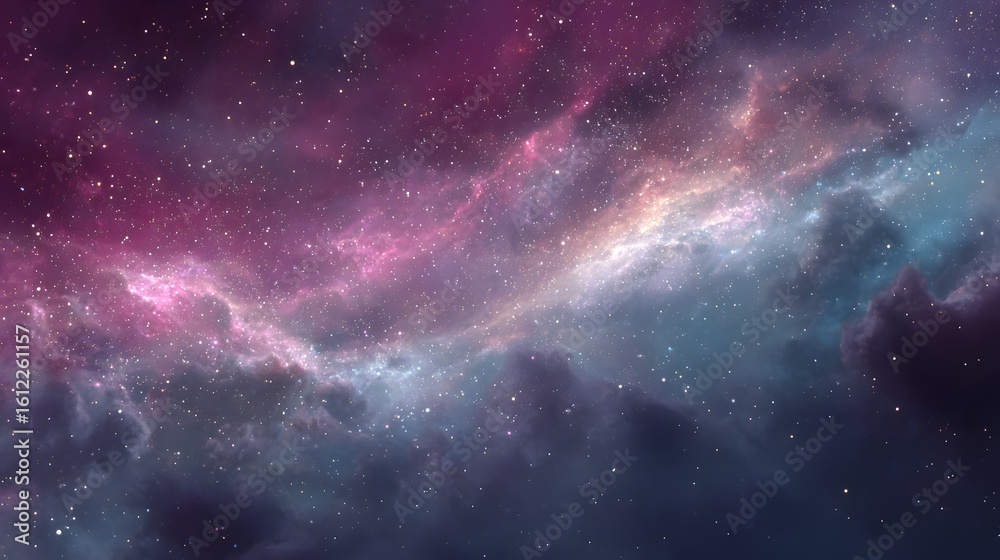 Fototapeta premium Wide angle realistic scene of nebula cloud deep space with vivid pinks purples and blues blending naturally millions of bright scattered stars cinematic cosmic glow and hyper realistic texture details