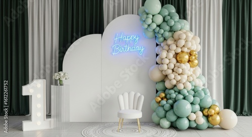 A festive birthday party setup with a balloon arch, number one, and neon sign