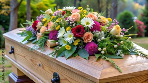 Floral arrangement on a wooden coffin