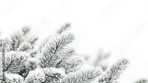 Snowy pine branches against white