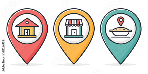 Location pins with house, shop, and food icons in flat design  