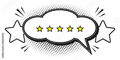 Review speech bubble with five stars and decorative elements  