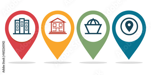 Location markers representing building types and navigation symbols  