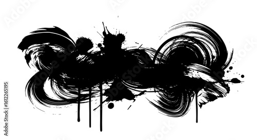 Abstract black ink splash with swirling patterns and drips  