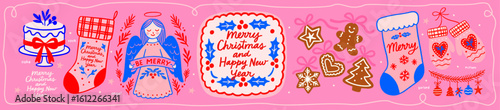 Merry Christmas and Happy New Year. Vector cute whimsical folk illustrations of sock, gingerbread, angel, holly, congratulations for greeting card and icons