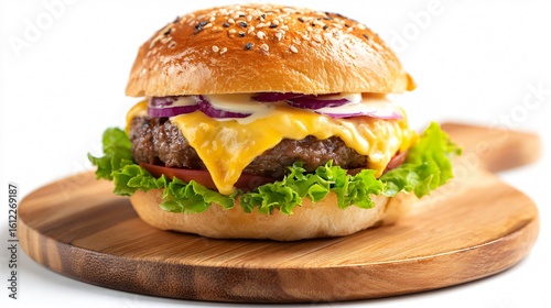 Delicious Mayonnaise Burger on Wooden Board - Isolated White Background