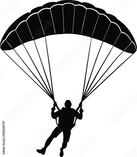 Skydiver descending gracefully under a large parachute new 2025 trendy silhouette vector in white background