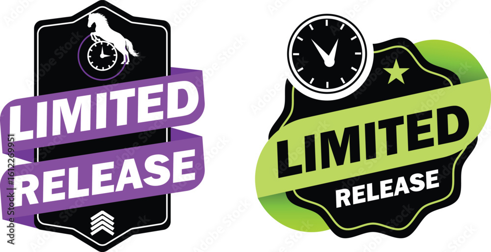 Fototapeta premium Two limited release badge designs one purple and black the other green and black with clock icons inside