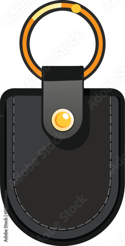 Sleek black leather keychain fob with gold ring