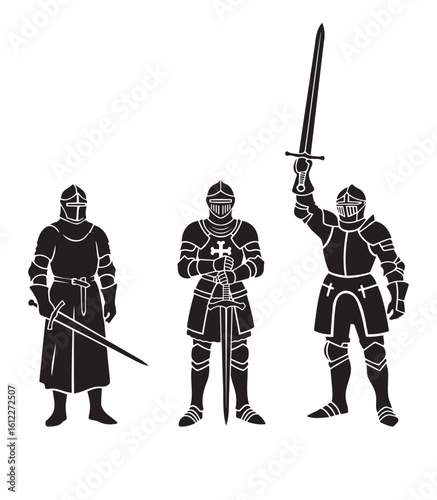 Knights from the Middle Ages with a sword in armor, black silhouette on a transparent background, vector stencil