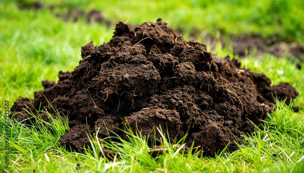 Fototapeta premium Pile of dark soil on green grass (1)