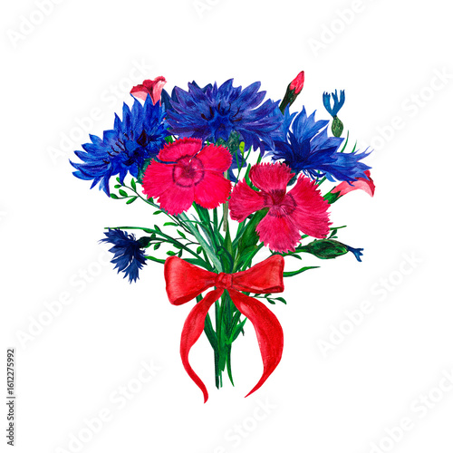 Blue cornflower carnation bouquet for mother's day watercolor