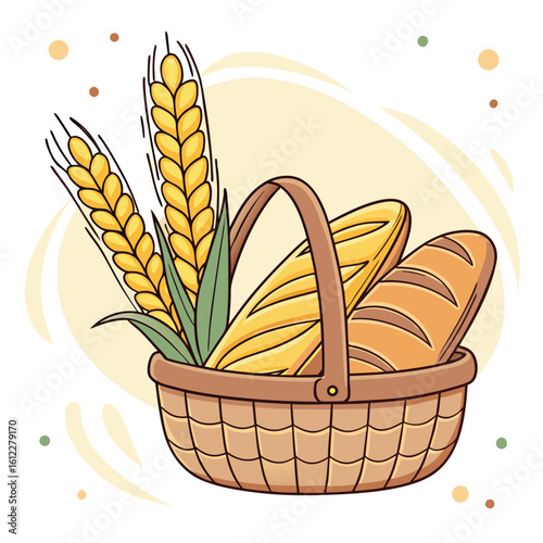 Woven basket contains fresh baked bread and stalks of wheat on a white background