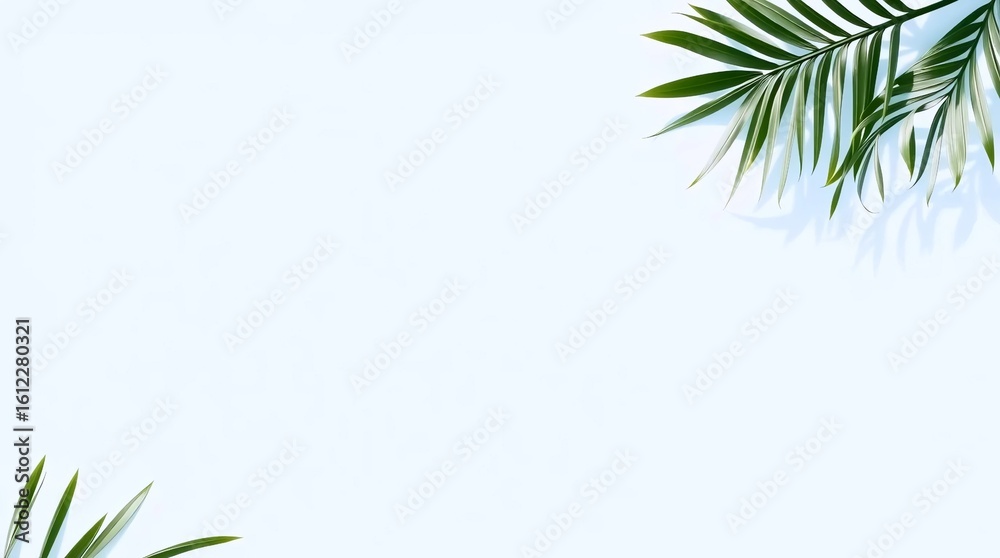 Fototapeta premium Clean white background with green tropical leaf in top corner
