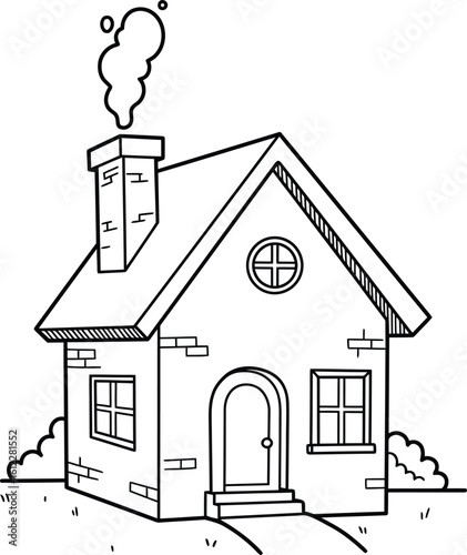 Simple cartoon house coloring page. Cute brick home with a chimney, for a children's coloring book.