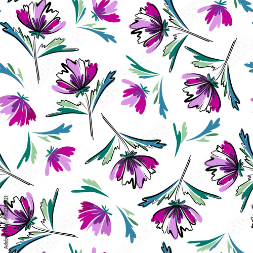 Seamless floral pattern. Abstract botanical design. Artistic and colorful flowers and leaves on white background. Vector botanical print
