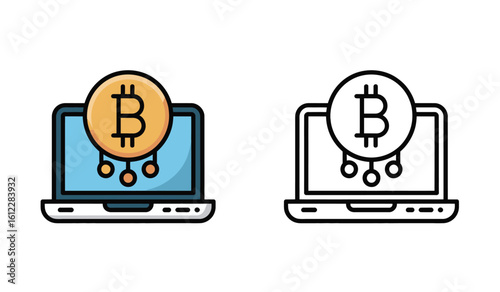 Bitcoin Cryptocurrency Mining Icon with Laptop Symbols and Digital Money Connection Technologies