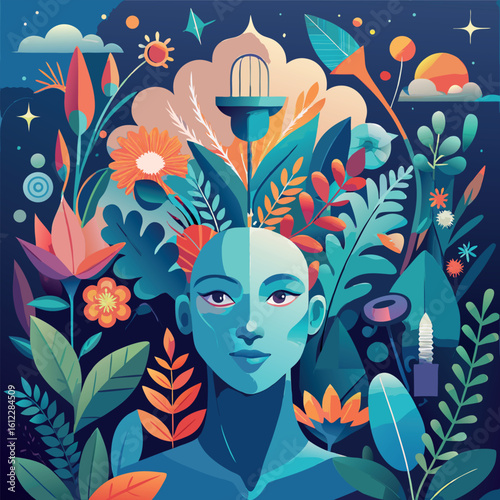 Creative representation of nature and humanity blending in a vibrant design with colorful plants and surreal elements Generative AI