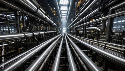 Dynamic industrial scene: gleaming steel and mist highlight active production