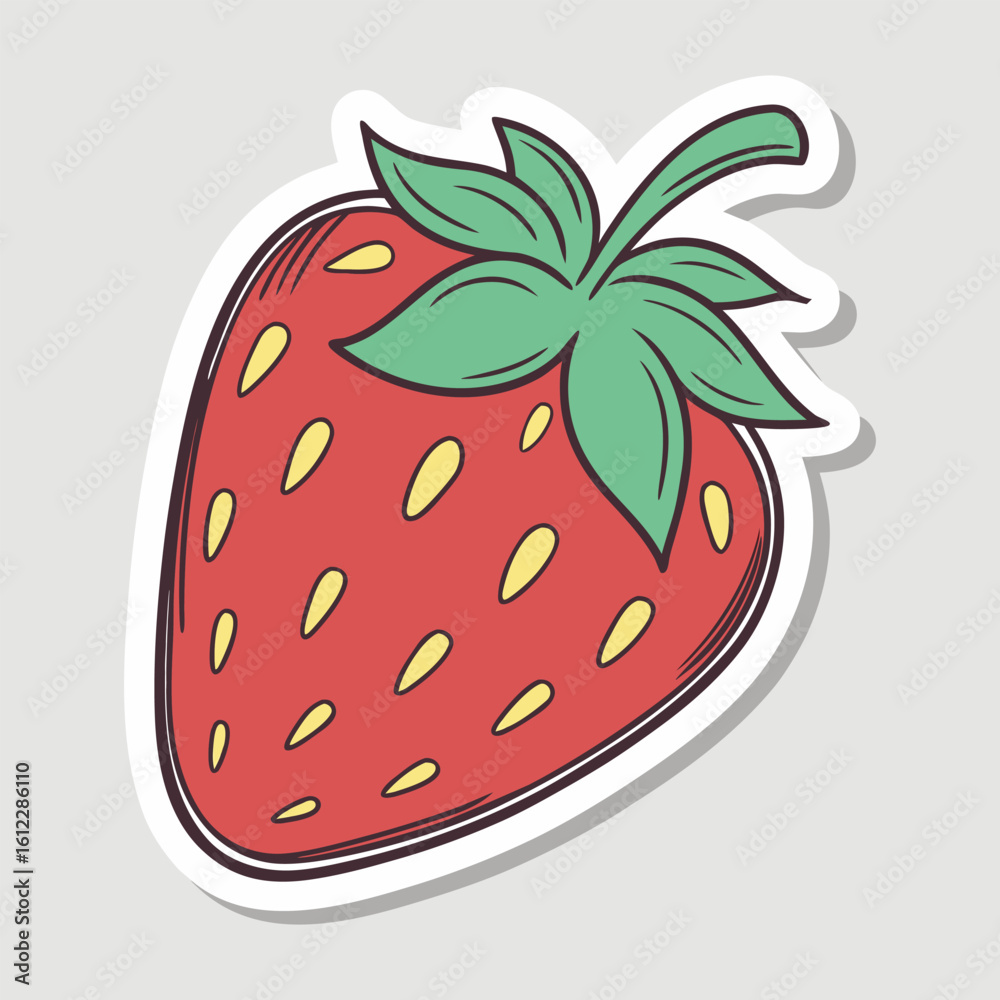 Obraz premium Red strawberry with green leaves yellow seeds stylized fruit