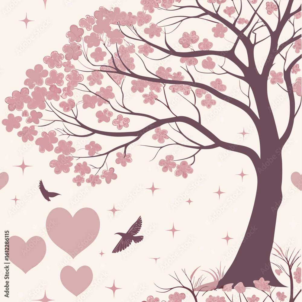 Fototapeta premium Cherry blossom tree with pink flowers and birds against a light background depicting love and nature Generative AI