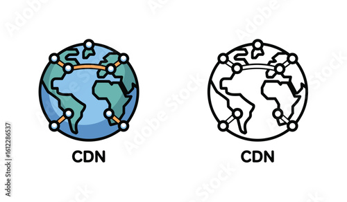 CDN Concept Illustration Content Delivery Network Topology and Global Distribution Systems in Color and Black and White