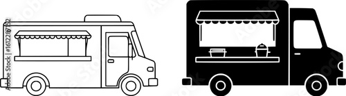 Food truck with street food concept. Single line draw design vector graphic illustration.
