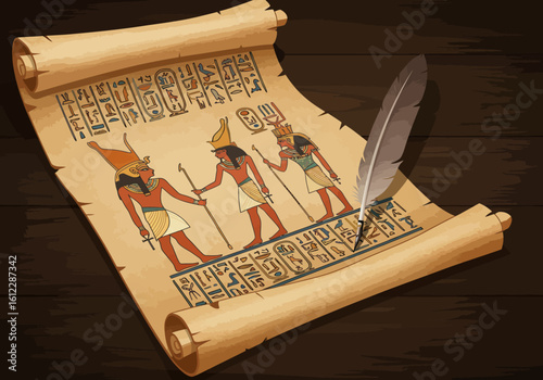 Discover ancient Egyptian history and mythology with this authentic scroll depicting pharaohs, hieroglyphs, and a quill for a touch of timeless artistry.