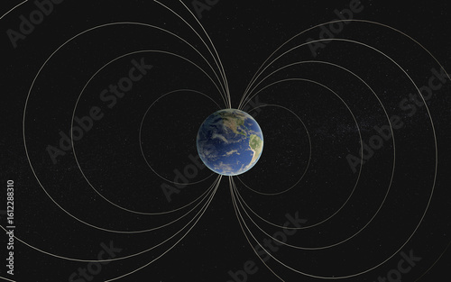 Fototapeta Naklejka Na Ścianę i Meble -  Earth appears encased in sweeping magnetic field lines that arc from pole to pole, forming protective loops. Elements of this 3D rendered illustration were furnished by NASA.
