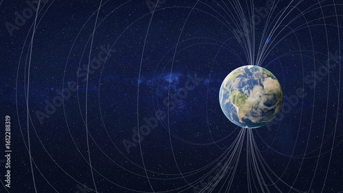Fototapeta Naklejka Na Ścianę i Meble -  Visualization of Earth in space as it interacts with solar wind, featuring curved magnetic field lines and a directional energy flow. Elements of this 3D rendered illustration were furnished by NASA.