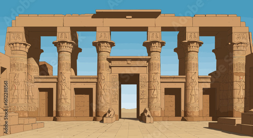 Majestic ancient Egyptian temple entrance with hieroglyphic columns and monumental statues under a clear blue sky, evoking history and grandeur.