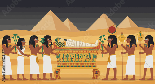 Ancient Egyptian Funeral Procession Carries Mummy in Sarcophagus Past Pyramids with Palm Trees and Hieroglyphs Displaying Rich Cultural Heritage and Spiritual Beliefs About the Afterlife