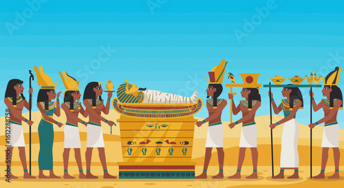 Ancient Egyptian funeral procession carries mummy in golden sarcophagus through desert landscape with ceremonial figures honoring the past.