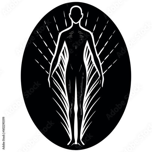 Human silhouette with energetic rays emanating, representing vitality and wellness in a monochromatic design Generative AI