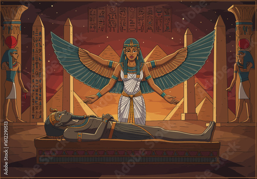 Ancient Egyptian Ritual Scene Goddess Isis Mourning Osiris in a Mystical Tomb Surrounded by Hieroglyphs and Pyramids Under a Starlit Desert Sky