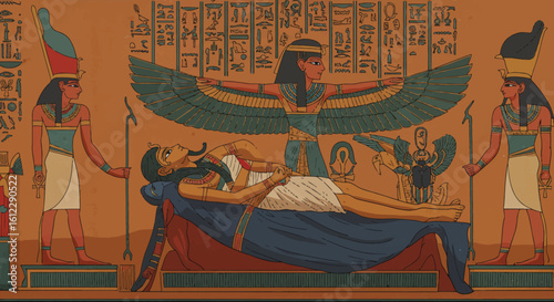 Ancient Egyptian Mummy Wrapped and Lying on a Bier Surrounded by Mourning Deities and Hieroglyphic Texts Depicting Rituals of Death and Rebirth in the Afterlife