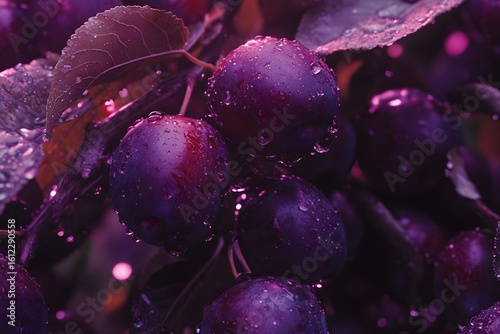 a close up of plums on tree