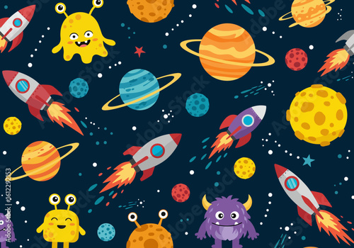 Exploring the vastness of the galaxy aboard colorful rockets encountering friendly extraterrestrial creatures and giant planets with rings scattered throughout the starry expanse