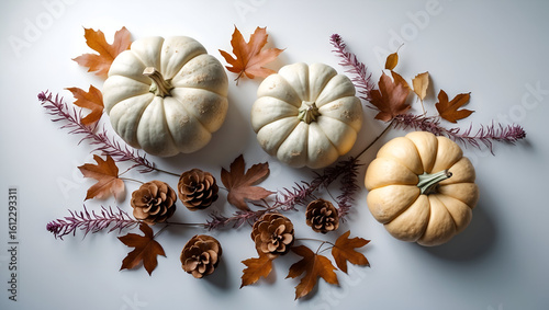 Autumn arrangement of pumpkins, fall leaves, and pinecones on a clean background. Seasonal decorations.