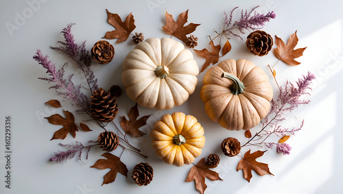 Autumnal still life with pumpkins, pine cones, and leaves creating a cozy, seasonal display.